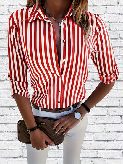 Striped Print Button Front Shirt, Elegant Long Sleeve Business Work Shirt With A Collar, Women's Clothing