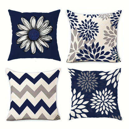 4pcs Modern Geometric & Floral Print Velvet Pillow Covers - Soft Blue & White, Zipper Closure, Machine Washable Polyester, Perfect for Living Room & Bedroom Decor - Includes 2 Large, 1 Medium, 1 Small, Decorative Pillows (No