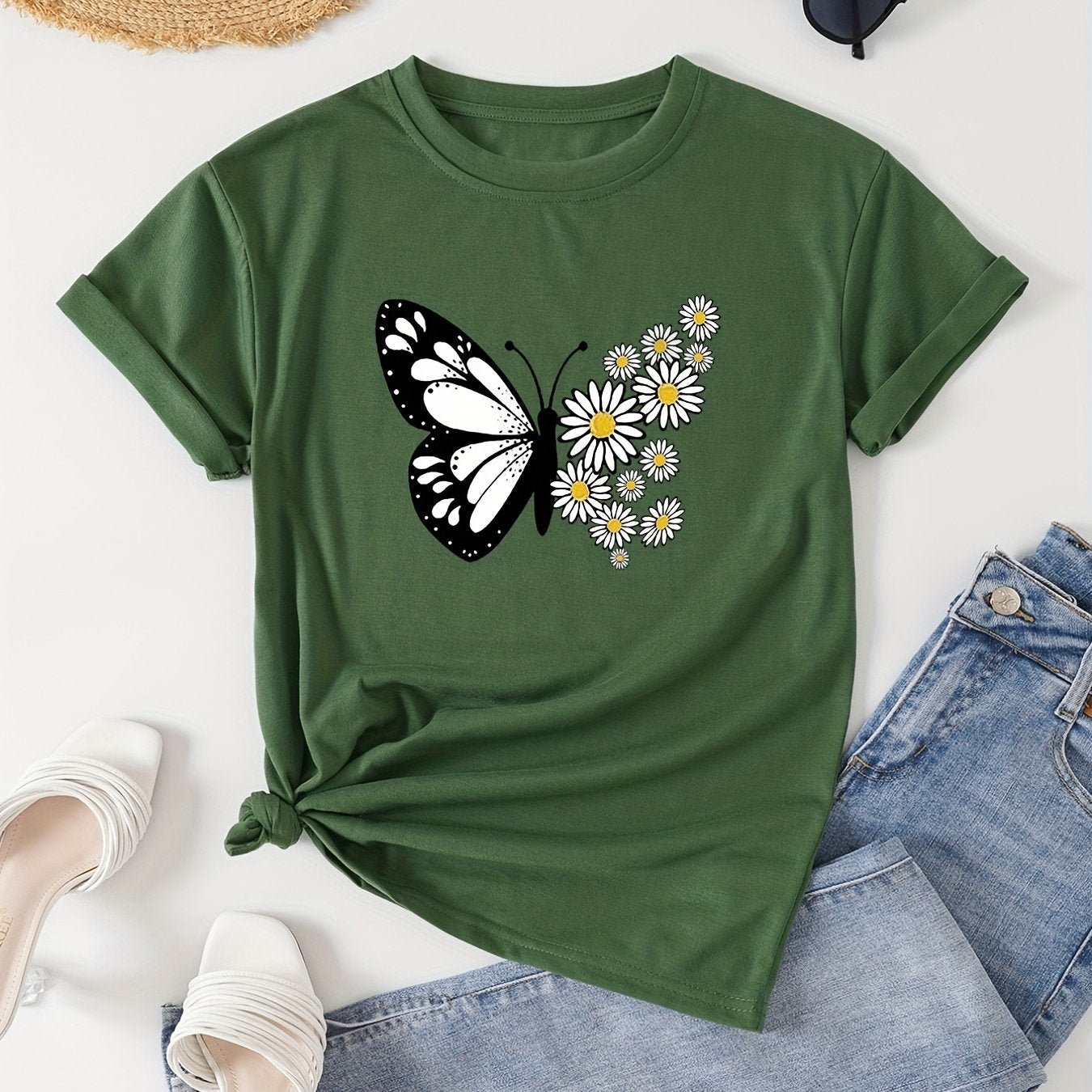 T-shirt casual para mulher com estampado floral de borboletas e margaridas, gola redonda - Verde azeitona, Lavável à máquina, Modelagem regular para looks casuais, Moda para todas as estações, Estilo descontraído, Tecido não transparente