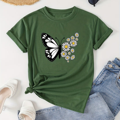 T-shirt casual para mulher com estampado floral de borboletas e margaridas, gola redonda - Verde azeitona, Lavável à máquina, Modelagem regular para looks casuais, Moda para todas as estações, Estilo descontraído, Tecido não transparente