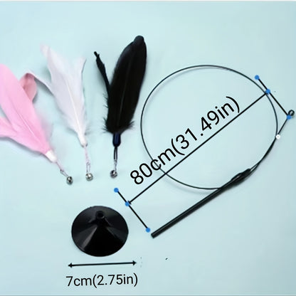 1pc Feather Decor Cat Teaser Stick Toy, Durable Cat Chew Toy With Bell And Suction Cup For Cat Interactive Supply