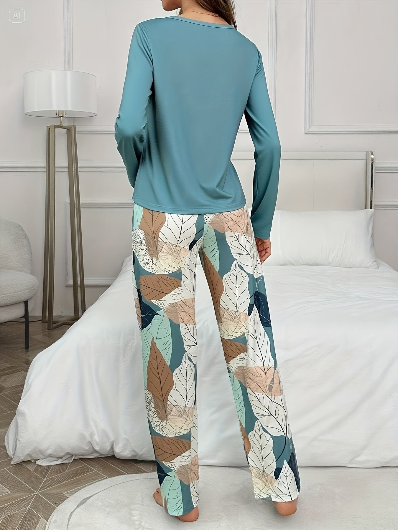 Autumn and Winter Women's Casual Versatile Elegant Letter Print Round Neck Long Sleeve Top and Pants Floral Printed Pajama Set