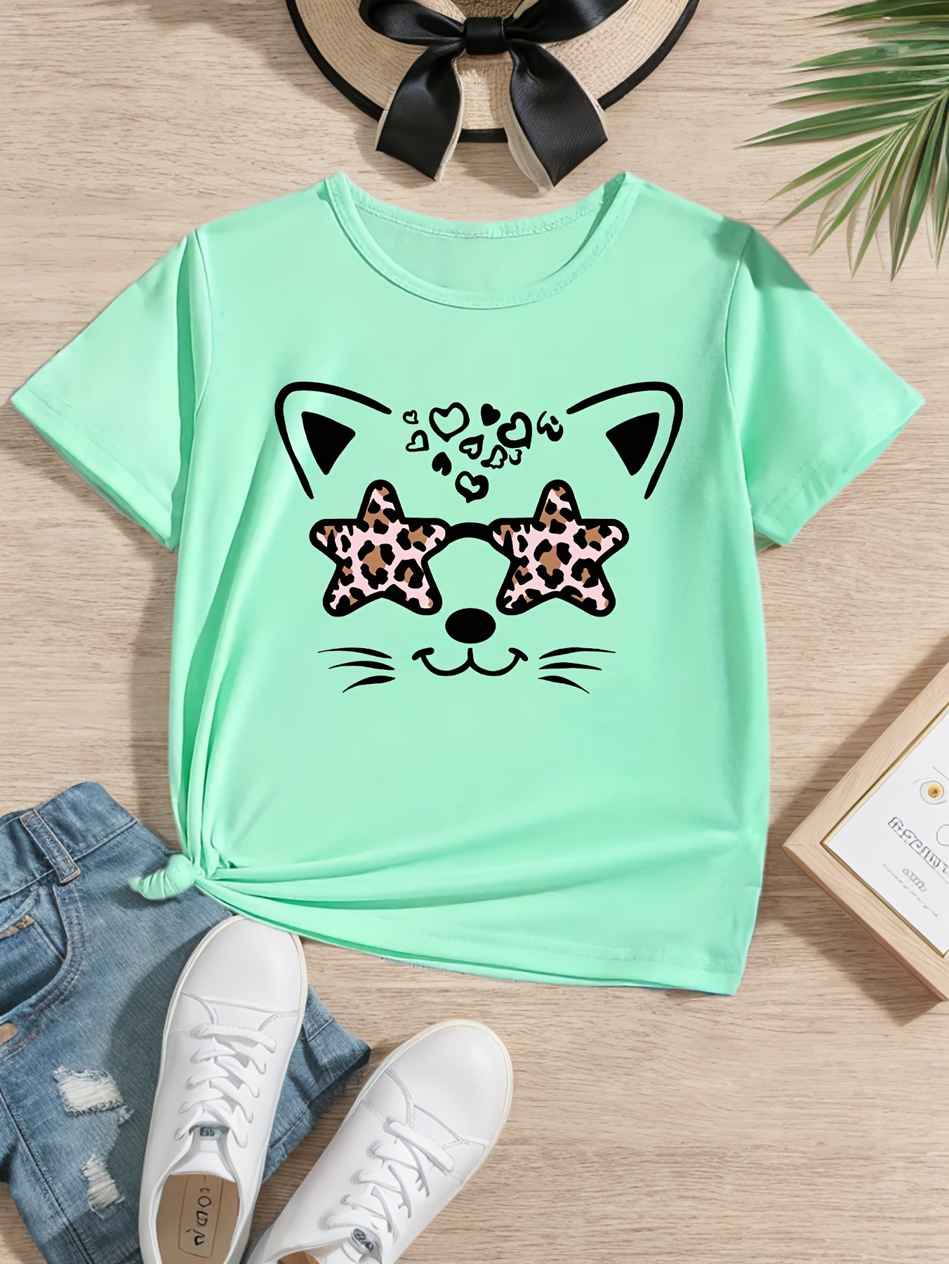 Girls Funny Kitty Print Short Sleeve T-shirt Summer Clothes Gift