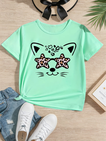 Girls Funny Kitty Print Short Sleeve T-shirt Summer Clothes Gift
