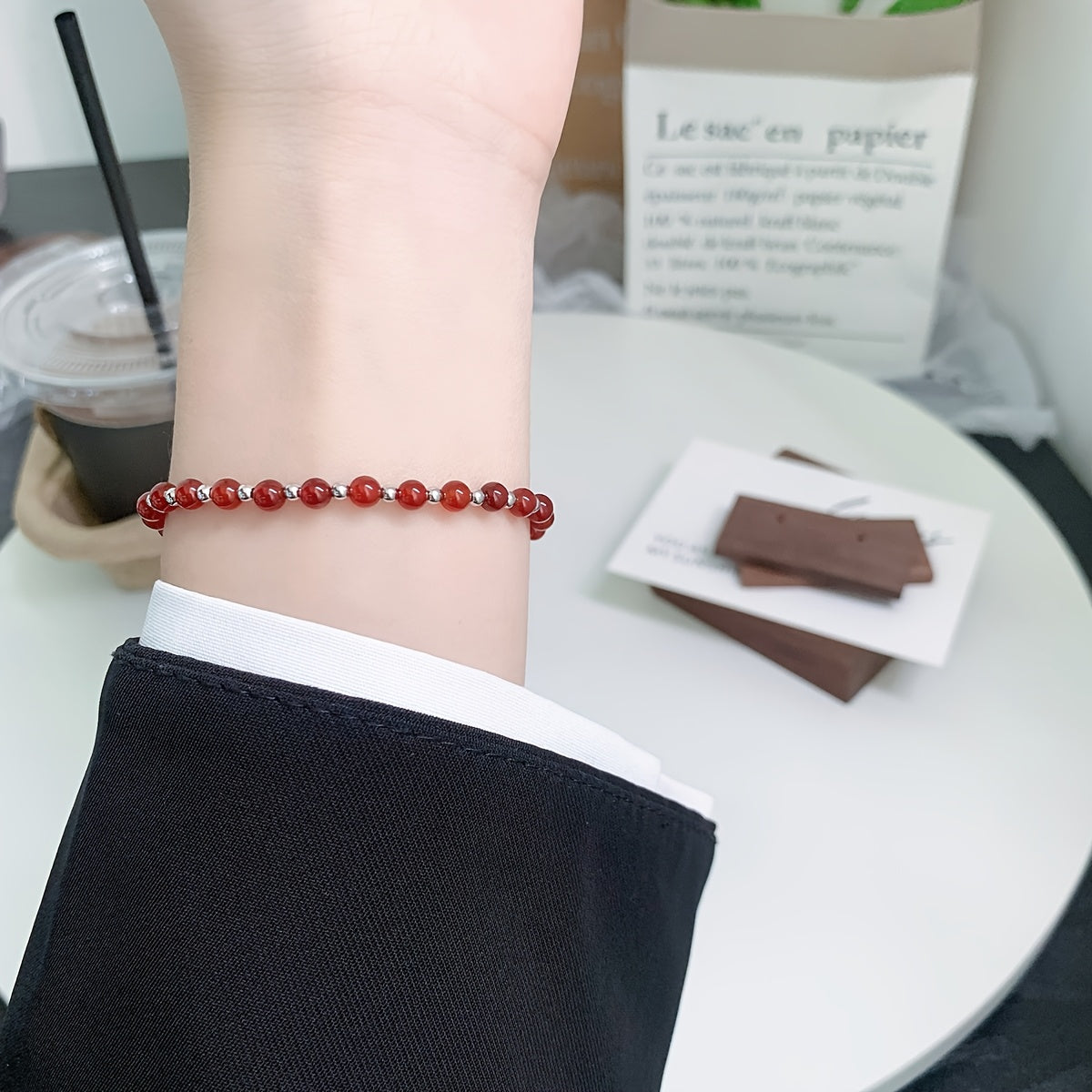 925 Pure Silvery Material Versatile Round Bead Red Agate Bracelet, Temperament Jewelry, Light Luxury Style, Gemstone Bead Bracelet, Women's Trendy Accessory, Gift Box Included