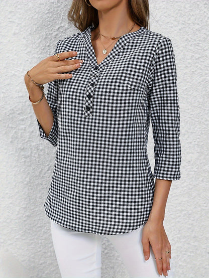 Plaid Print Button Notched Neck Blouse, Casual Rolled Sleeve Blouse For Spring, Women's Clothing