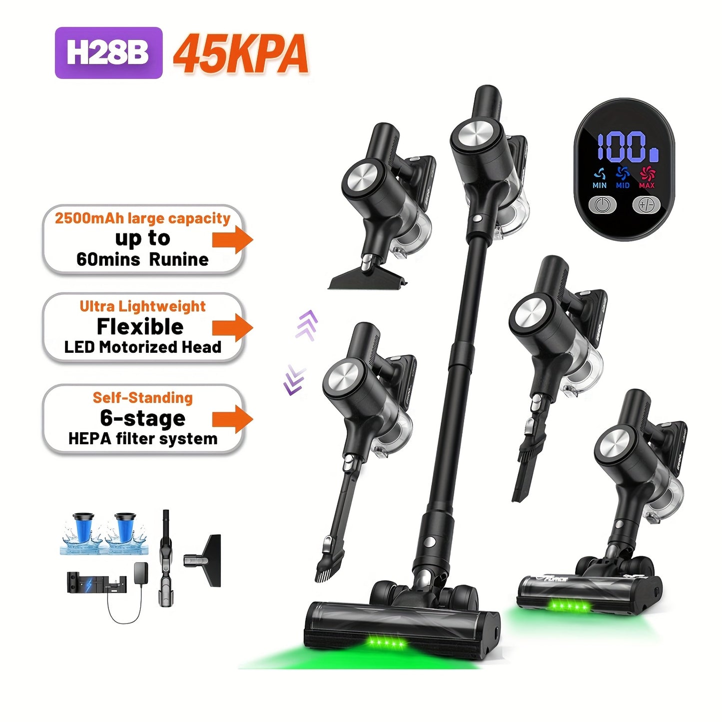 Aspirador sem fios, 45KPA, autoportante, para uso doméstico, com autonomia de 60 minutos, carregamento na parede, visor LED, luz verde melhorada e escova anti-emaranhamento para pelos de animais, alcatifas e pavimentos duros.