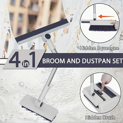 4-in-1 Foldable Broom and Dustpan Set - Durable Plastic, Easy Storage Design for Home Cleaning - Ideal for Kitchen, Bathroom, Bedroom Floors - Includes Water Squeegee, No Broom Required, Broo