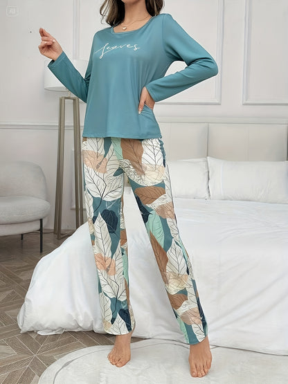 Autumn and Winter Women's Casual Versatile Elegant Letter Print Round Neck Long Sleeve Top and Pants Floral Printed Pajama Set