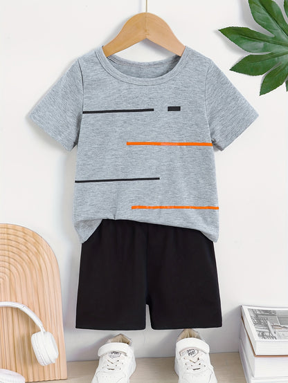 2pcs Set of Boys' Summer Striped Print Round Neck Short Sleeve T-shirt and Casual Shorts