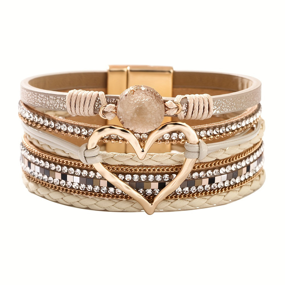 Bohemian Multi-layer Leather Bracelet Hand-woven Bracelet Golden Big Heart Ladies Fashion Bracelet