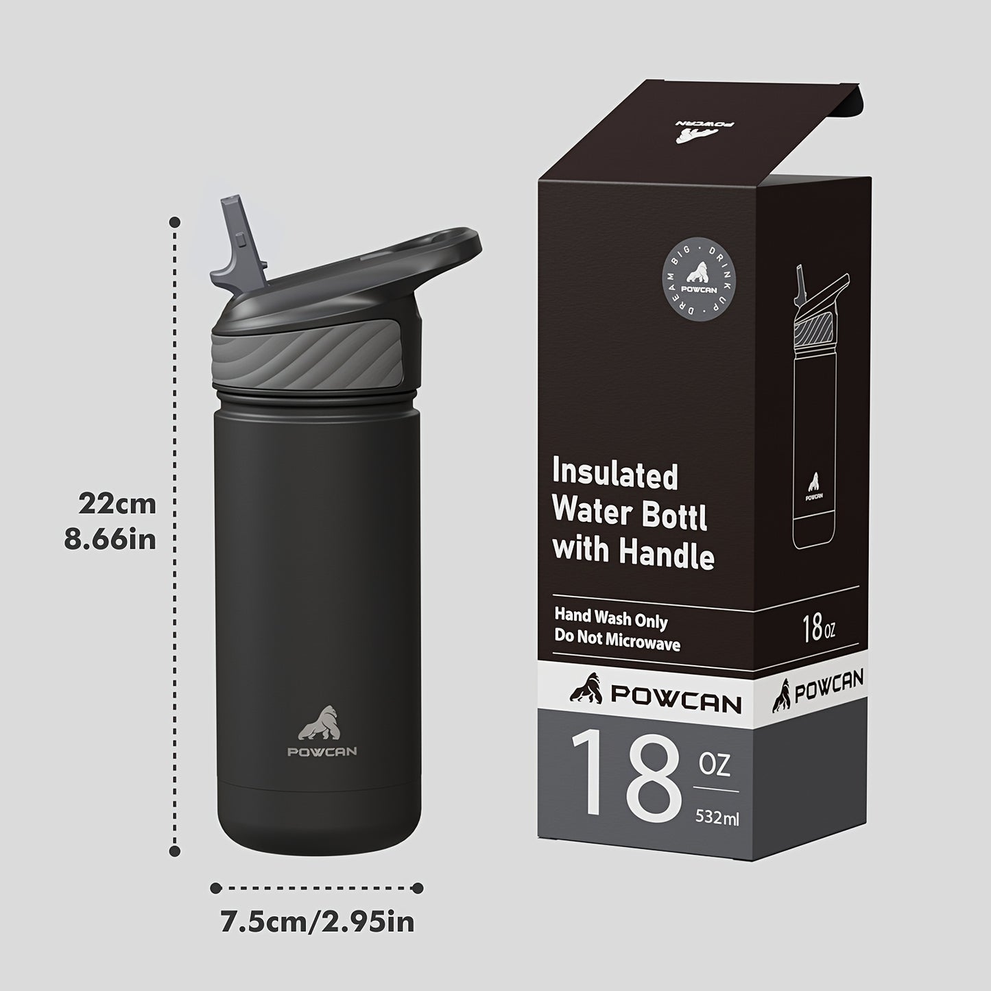 Powcan 18oz Stainless Steel Insulated Water Bottle Double Wall Insulated Bottle Travel Mug with Flip-Top Straw Lid, Leakproof Reusable Sip Cup with Handle, Sports Drinking Cup for Gym, Office, or Car Use