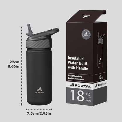 Powcan 18oz Stainless Steel Insulated Water Bottle Double Wall Insulated Bottle Travel Mug with Flip-Top Straw Lid, Leakproof Reusable Sip Cup with Handle, Sports Drinking Cup for Gym, Office, or Car Use