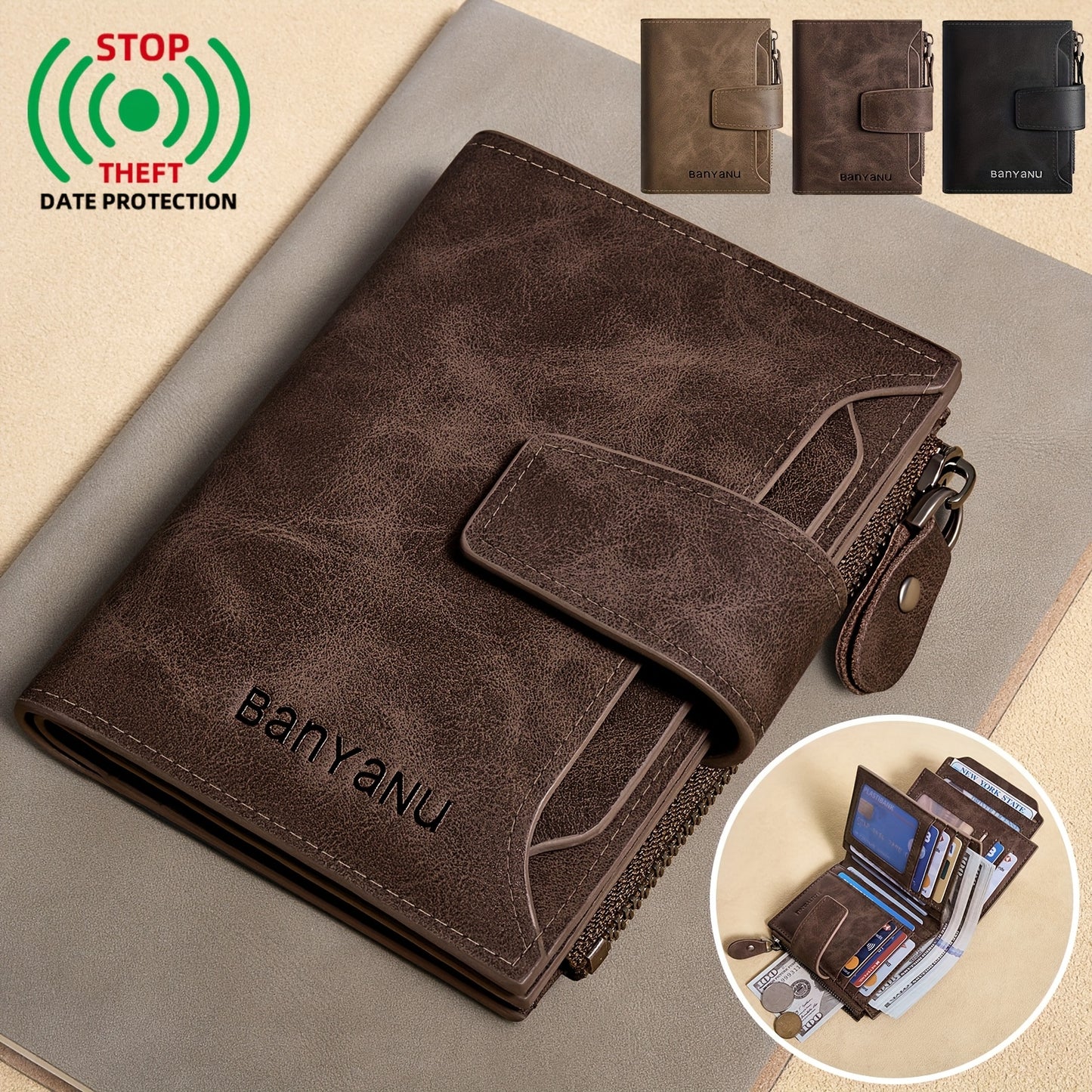 BANYANU Vintage Genuine Leather Wallet for Men - RFID Blocking, 17 Card Slots, Zippered Coin Pocket &amp; Independent Card Holder, Brown, Perfect Father'S Day Gift, Secure Card Storage | Vintage Wallet | Durable Zipper Closure, B