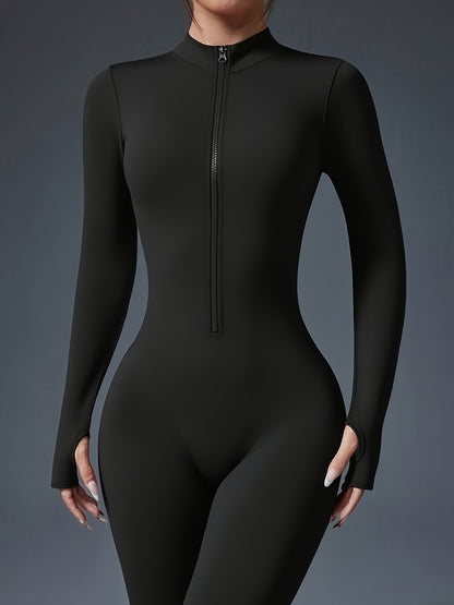 Women's Full-Length Zipper Jumpsuit - Full-Body Compression-like Fit (Tummy Control) - High-Elasticity Slim-Fit Long Sleeve Athleisure Suit for,, Dance - All-Season Outfit ( swear) - Easy-Care (No Bulk) -