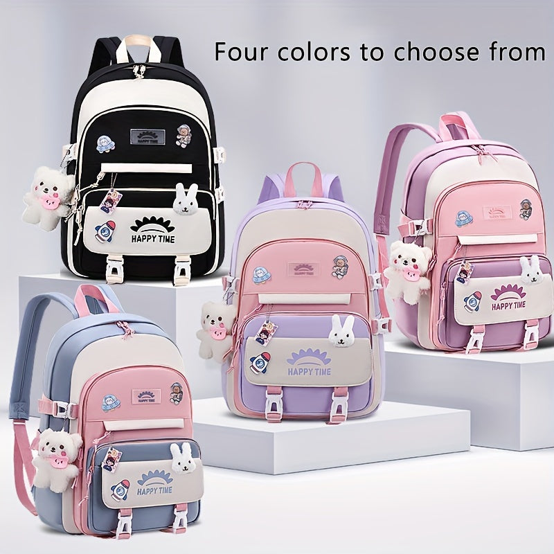 Chic Nylon Backpack for Girls - Cute Cartoon Design, Adjustable Straps, Lightweight backpack, Perfect for Elementary to High School Students