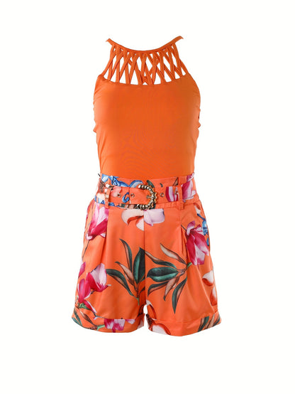 Conjunto casual de duas peças, blusa lisa com recortes nas costas e calções com cinto e estampado floral, Roupa Mulher