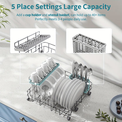 Independent Countertop Dishwasher, 5+1 Wash Programs, Built-in 5L Water Tank, Two Water Supply Modes, With Hot Air Drying And Automatic Ventilation Functions, Suitable For Homes, Apartments, And RVs.