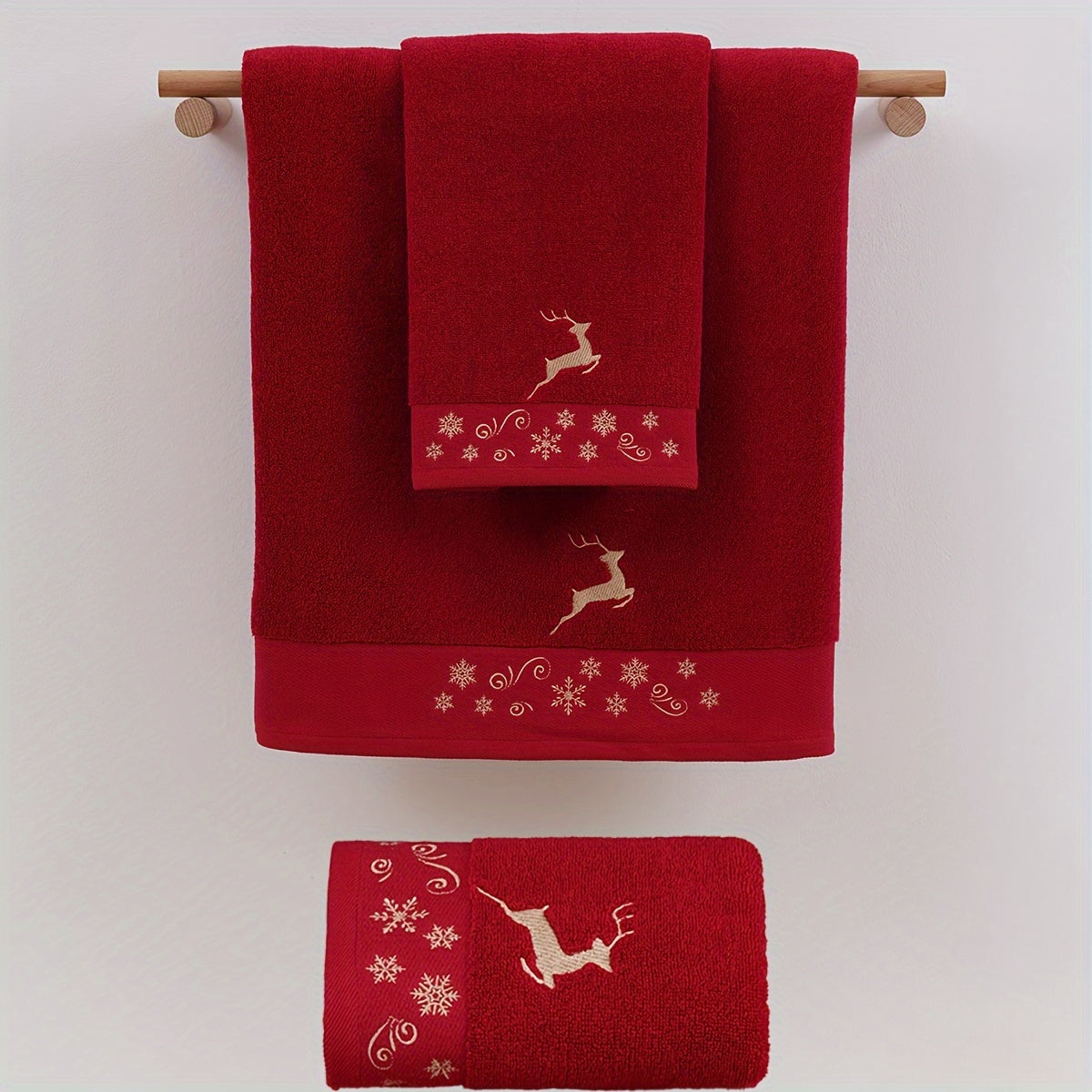3pcs Christmas 100% Cotton Towel Bath Towel Set 2pcs Towels + 1pc Bath Towel Cotton Terry Embroidered Reindeer Towel Bath Towel, Christmas Red Towel Bath Towel Set, Merry Christmas Bathroom Supplies, Christmas Gift Christmas