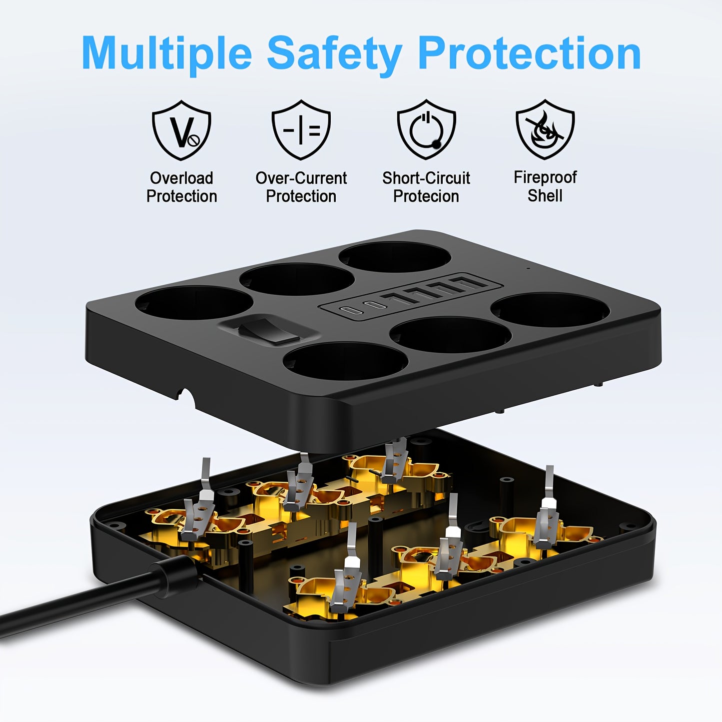 12-in-1 Power Strip with 6 Outlets and 6 USB Ports (2 USB-C) | 182.88cm Flat Plug Wall-Mounted Desktop Charging Station, Suitable for Home Office Dorm Essentials | Multi-Plug Expander