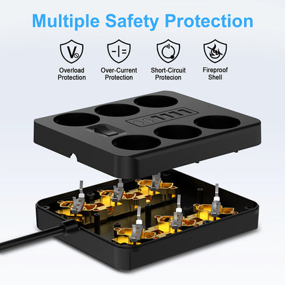 12-in-1 Power Strip with 6 Outlets and 6 USB Ports (2 USB-C) | 182.88cm Flat Plug Wall-Mounted Desktop Charging Station, Suitable for Home Office Dorm Essentials | Multi-Plug Expander