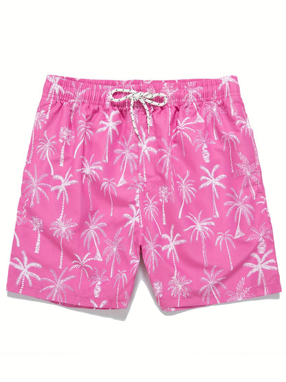 Men's Quick Dry Hawaiian Board Shorts With Pockets, Casual Coconut Tree Graphic Drawstring Swim Trunks For Summer Vacation Beach Pool Outdoor