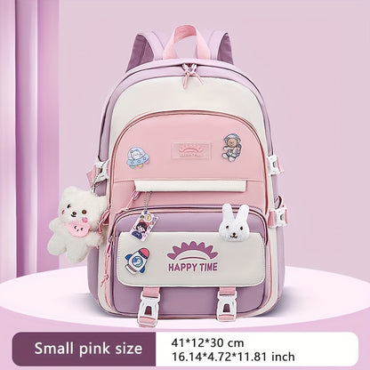 Chic Nylon Backpack for Girls - Cute Cartoon Design, Adjustable Straps, Lightweight backpack, Perfect for Elementary to High School Students