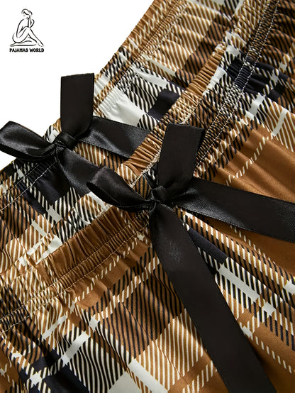 Conjunto de pijama casual para mulher com estampado de urso e xadrez - Blusa de manga curta macia e larga com cintura elástica, calças compridas e calções, roupa de dormir aconchegante para o outono/inverno