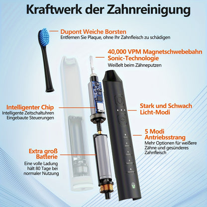 Sonic Electric Toothbrush Rechargeable Electric Toothbrush, Deep Cleaning with 5 Modes, 6 Replacement Brush Heads, Equipped with USB Stand Charging, Portable, Suitable for Travel, Dormitory, Gift, Black, Pink, Blue, Gift for