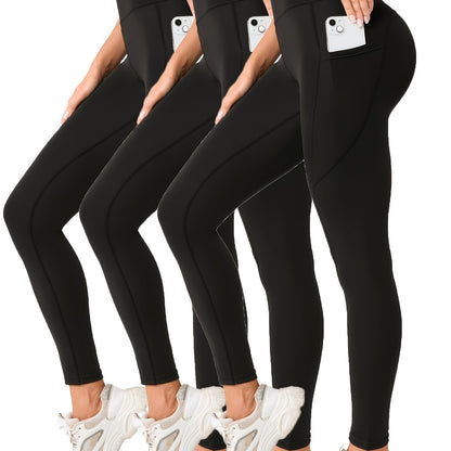 3pcs High-Waist Yoga Leggings with Pockets - Tummy Control, Slimming Effect, Stretchy & Breathable Fabric, Black/Brown/Gray, Perfect for Yoga & Casual Attire