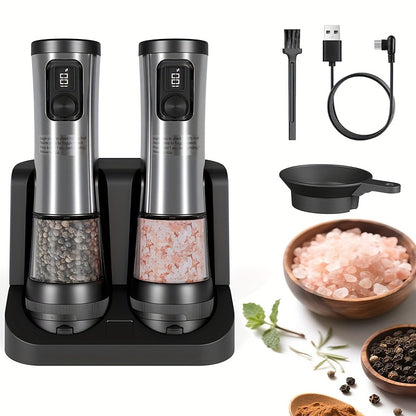 Electric Salt and Pepper Grinder Set - Automatic pepper grinder with battery display, 5 adjustable levels, dust cover and base, suitable for modern kitchen appliances | Christmas | Halloween, Salt and Pepper