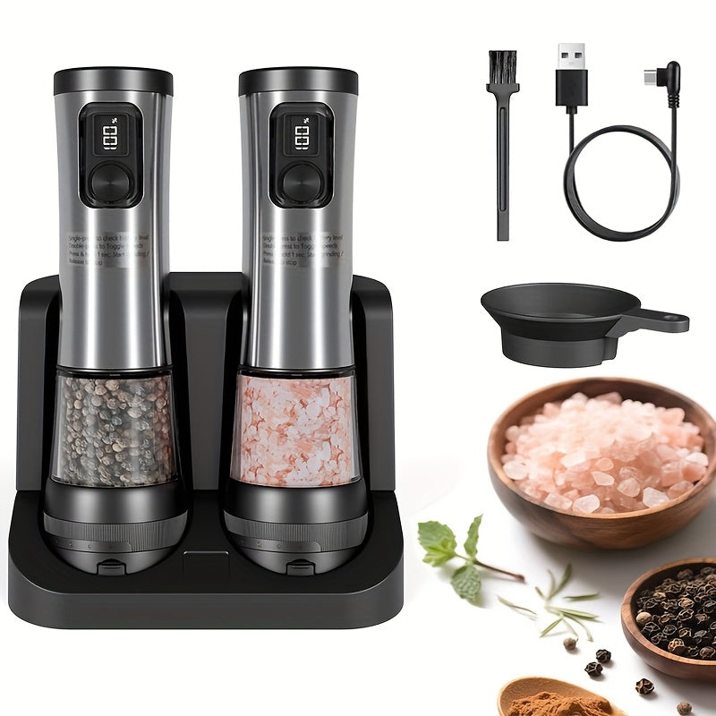 1pc/2pcs Upgraded Electric Pepper Grinder | Rechargeable Salt & Pepper Grinder - Variable Grinding Speed, External Coarseness Adjustment, Dust Cover & LED Light, Perfect for Restaurants, Kitchens, Picnics & Barbecues Christma