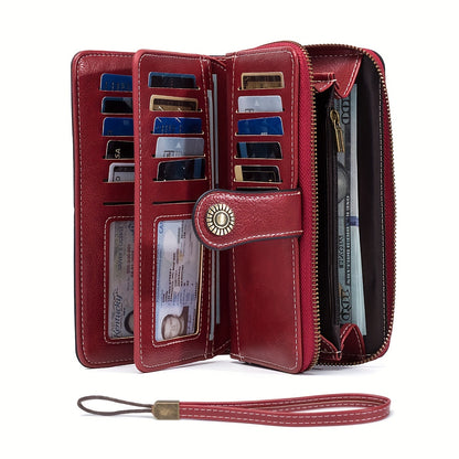 RFID Blocking Long Wallet With Wristlet, Retro Style Faux Leather Wallet With Multi Card Slots & Id Window
