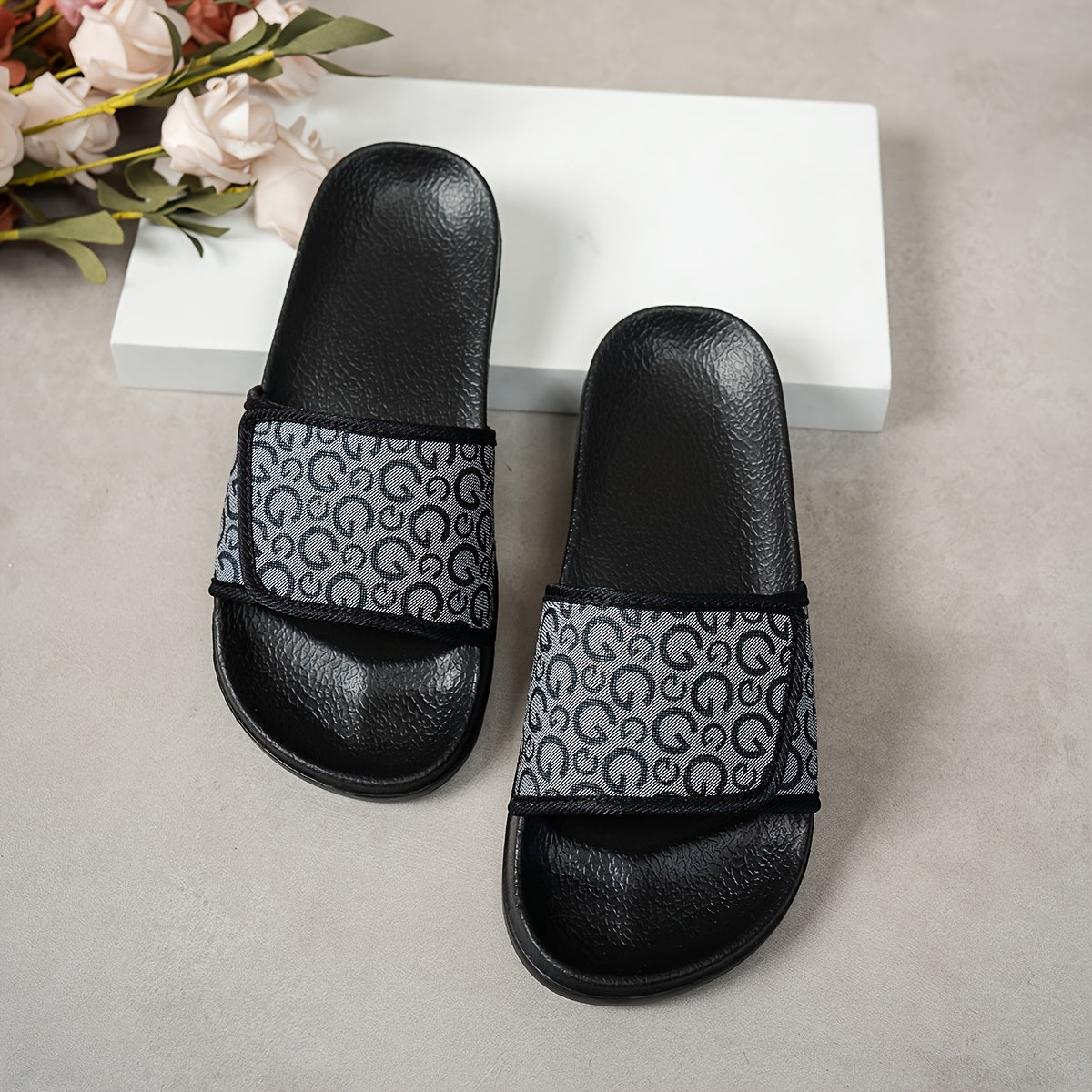 Women's White/Golden Greek Key & Letter Print Slip-On Mules - PU Cover Upper, Cushioned Insole & Arch - All-Season Casual Sandals for Beach, Weddings & Casual Attire, Comfortable Sleepers For Womens, Woman Slippers For Women,