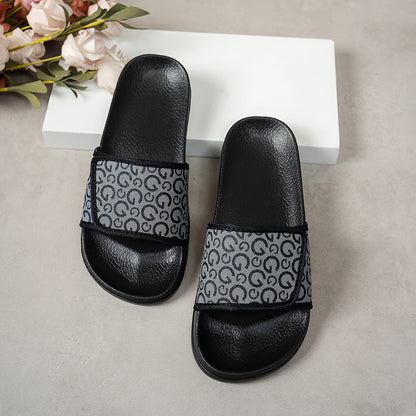 Women's White/Golden Greek Key & Letter Print Slip-On Mules - PU Cover Upper, Cushioned Insole & Arch - All-Season Casual Sandals for Beach, Weddings & Casual Attire, Comfortable Sleepers For Womens, Woman Slippers For Women,