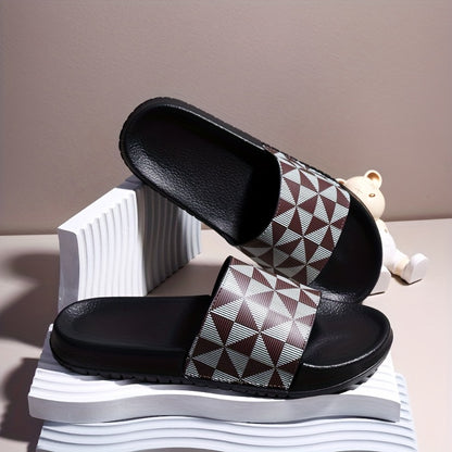 Men's Summer Slide Sandals - Non-Slip Soft Sole Casual Slippers with Geometric Pattern, Black & Gray, Comfortable for Indoor & Outdoor Use