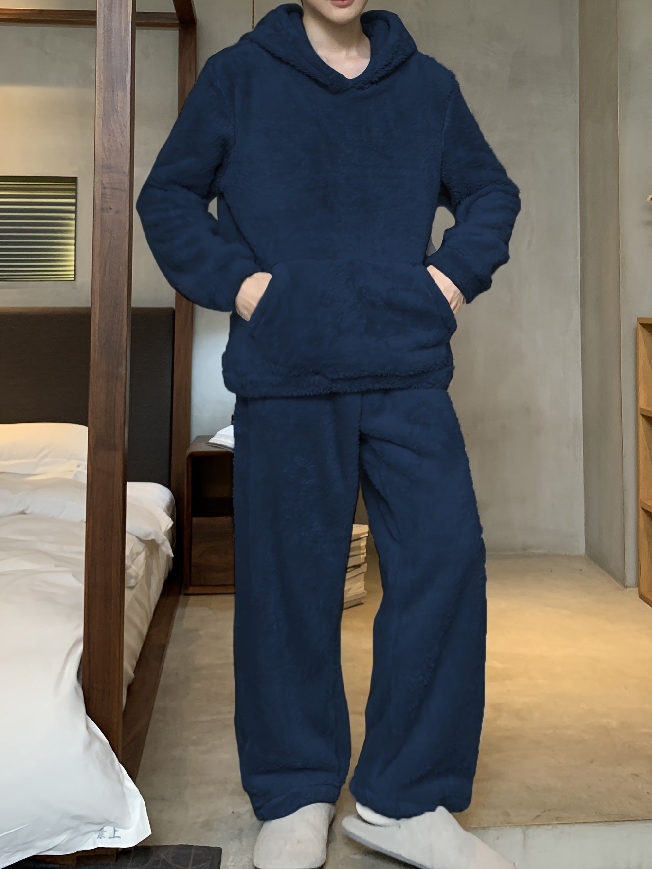 Men's Coral Velvet Pajamas Autumn and Winter Thickened Velvet Winter Hooded Flannel Warm Youth Pajama Set