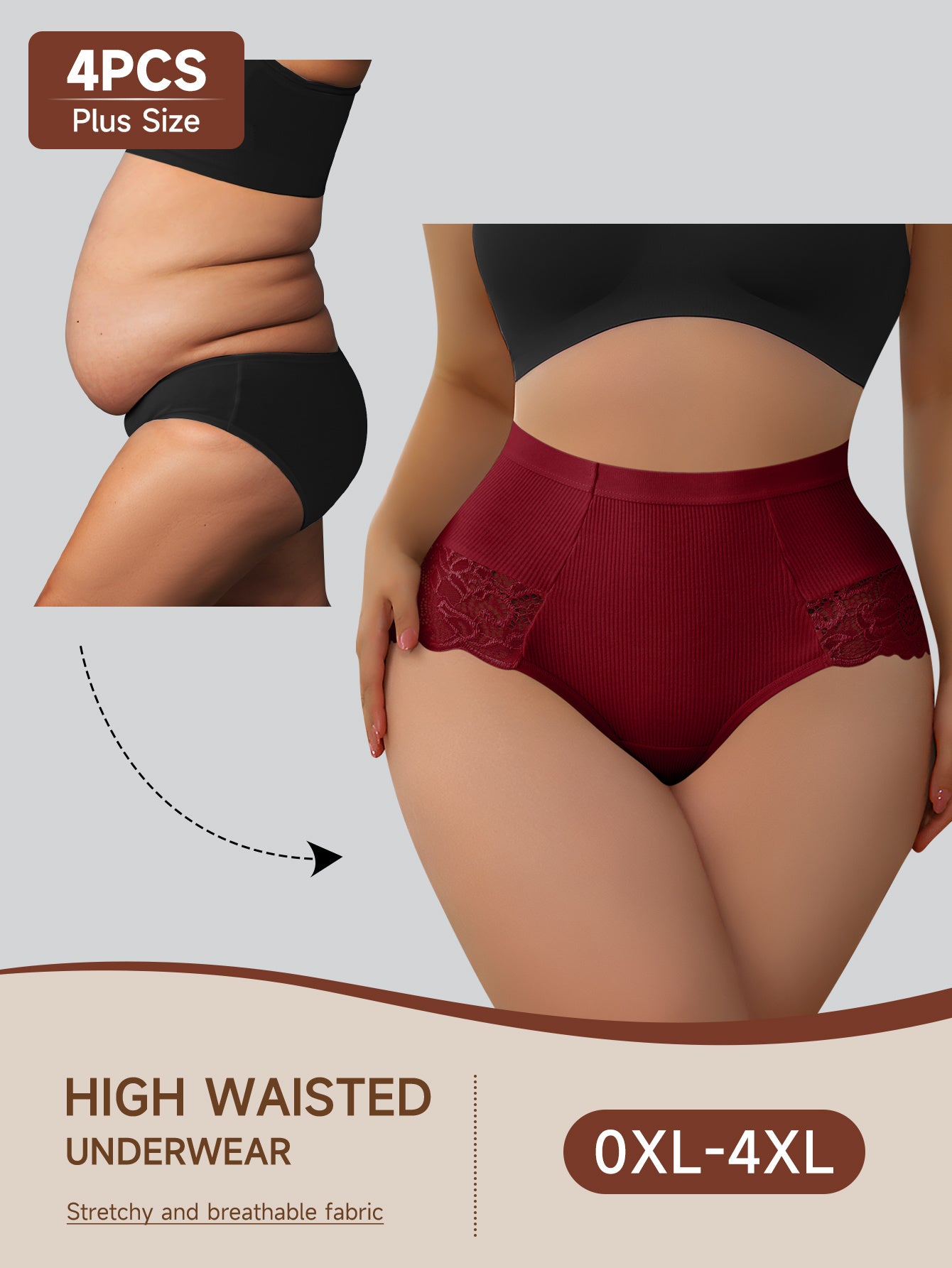 4pcs Women'S Plus Size High-Waisted Briefs - Tummy Control Butt Lifting Underwear with Seamless Wrap, Non-Slip Grip & Lifted Hipline - Stretchy Everyday & Special Occasion Panties - Burgundy/Beige/Black/ - QUASTI, Tummy Contr