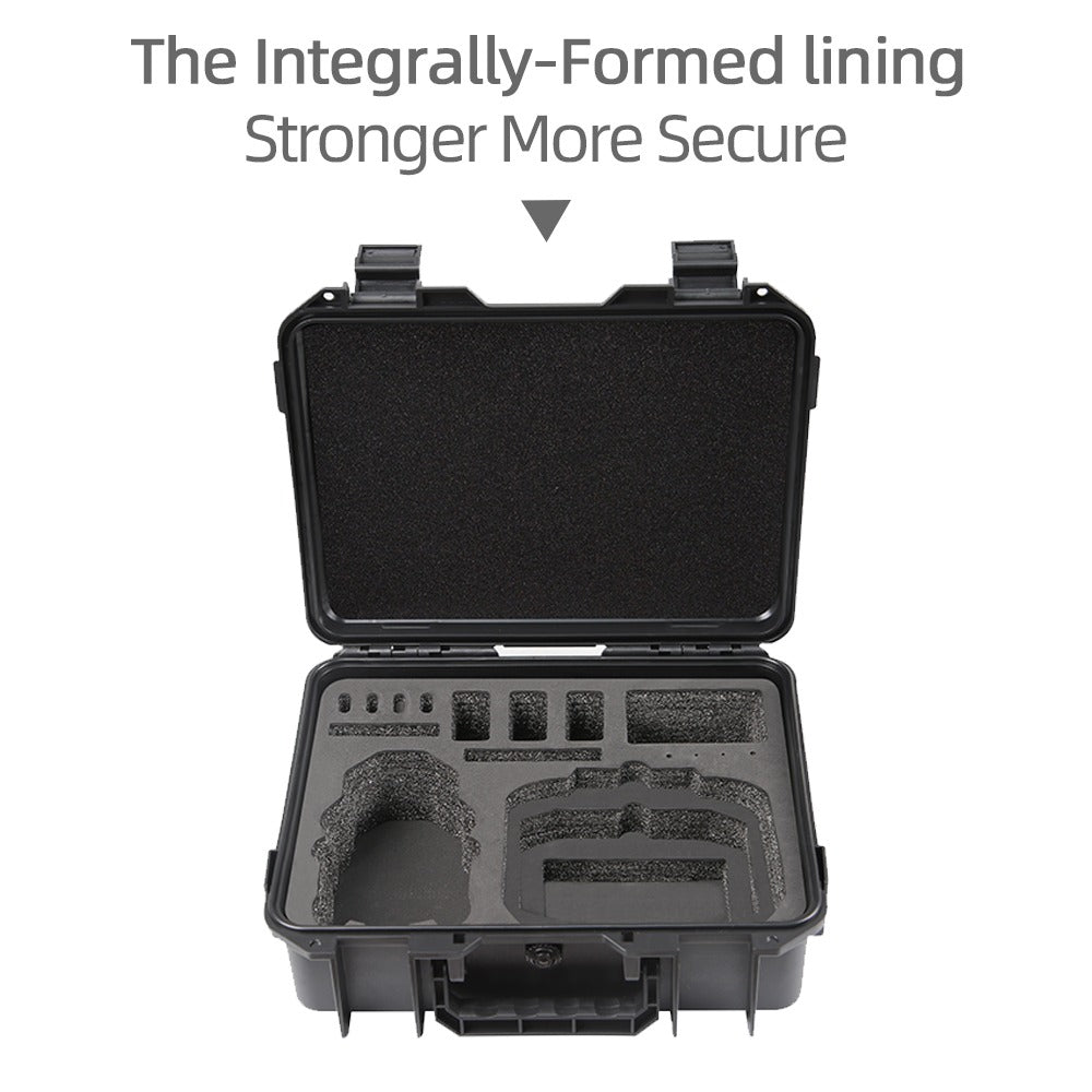 Estojo de transporte protetor para DJI Mini 3/4 e Mini 3/4 Pro, com pega antiderrapante para facilitar o transporte e fecho reforçado.