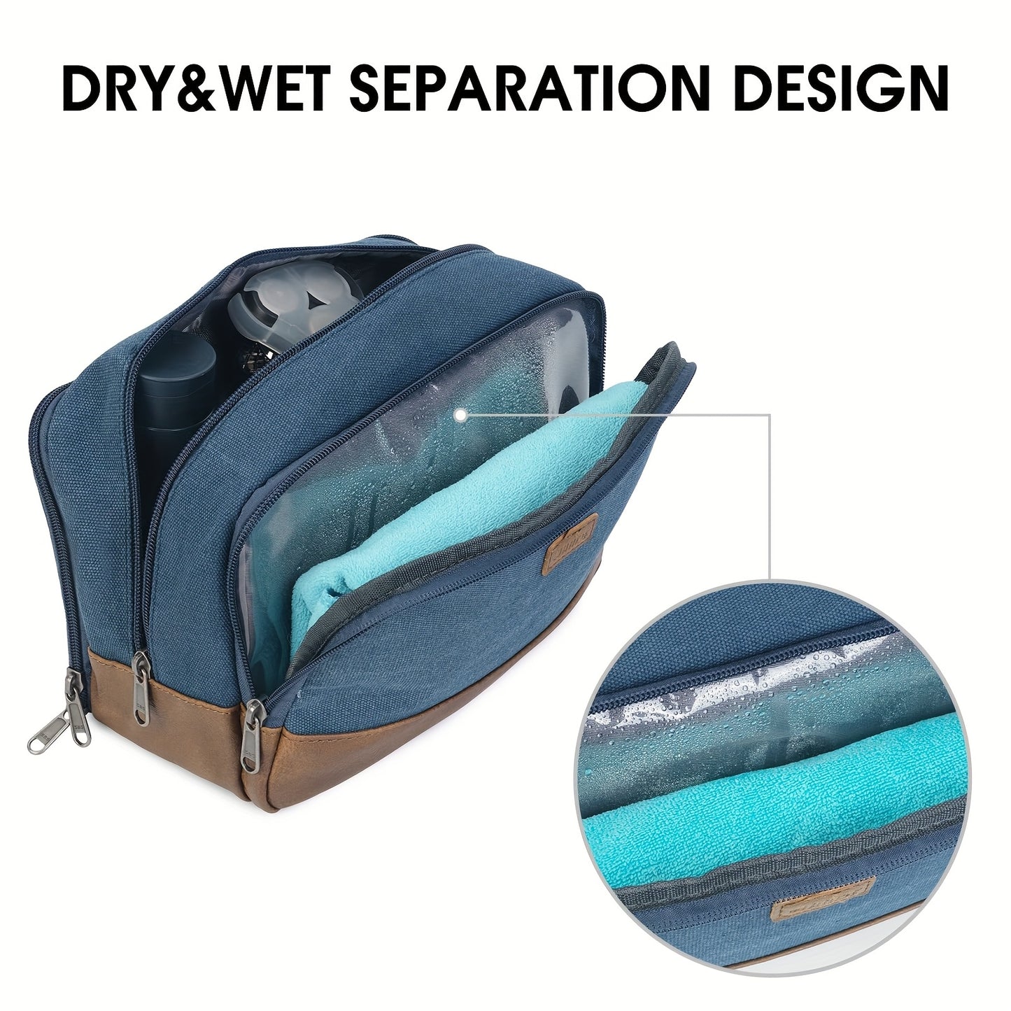 Canvas Travel Toiletry Bag With Side Handle for Men Women Travel Toiletry Organizer Shaving Bag with Separate Dry and Wet Pocket for Travel Accessories