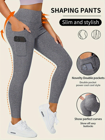 High-Waisted Leggings with Slim-Fit Double Pocket Design - Burgundy/Black/White/Navy Blue - All-Season Pants, Tummy Control & Butt-Lifting for,, Casual Wear - Hand Washable Stretchy Bottoms