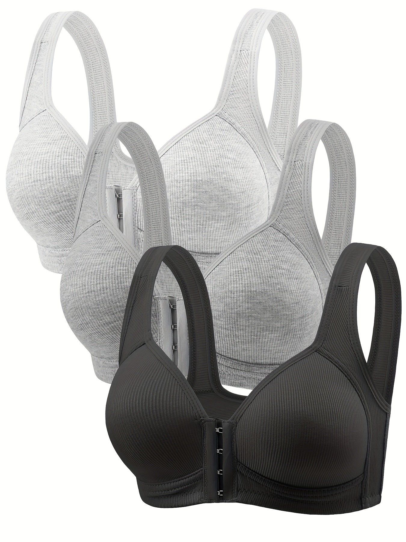 Soutien de 3 peças, fecho frontal, riscas verticais, franzido e sem aro.