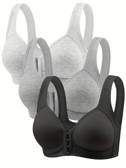 Soutien de 3 peças, fecho frontal, riscas verticais, franzido e sem aro.