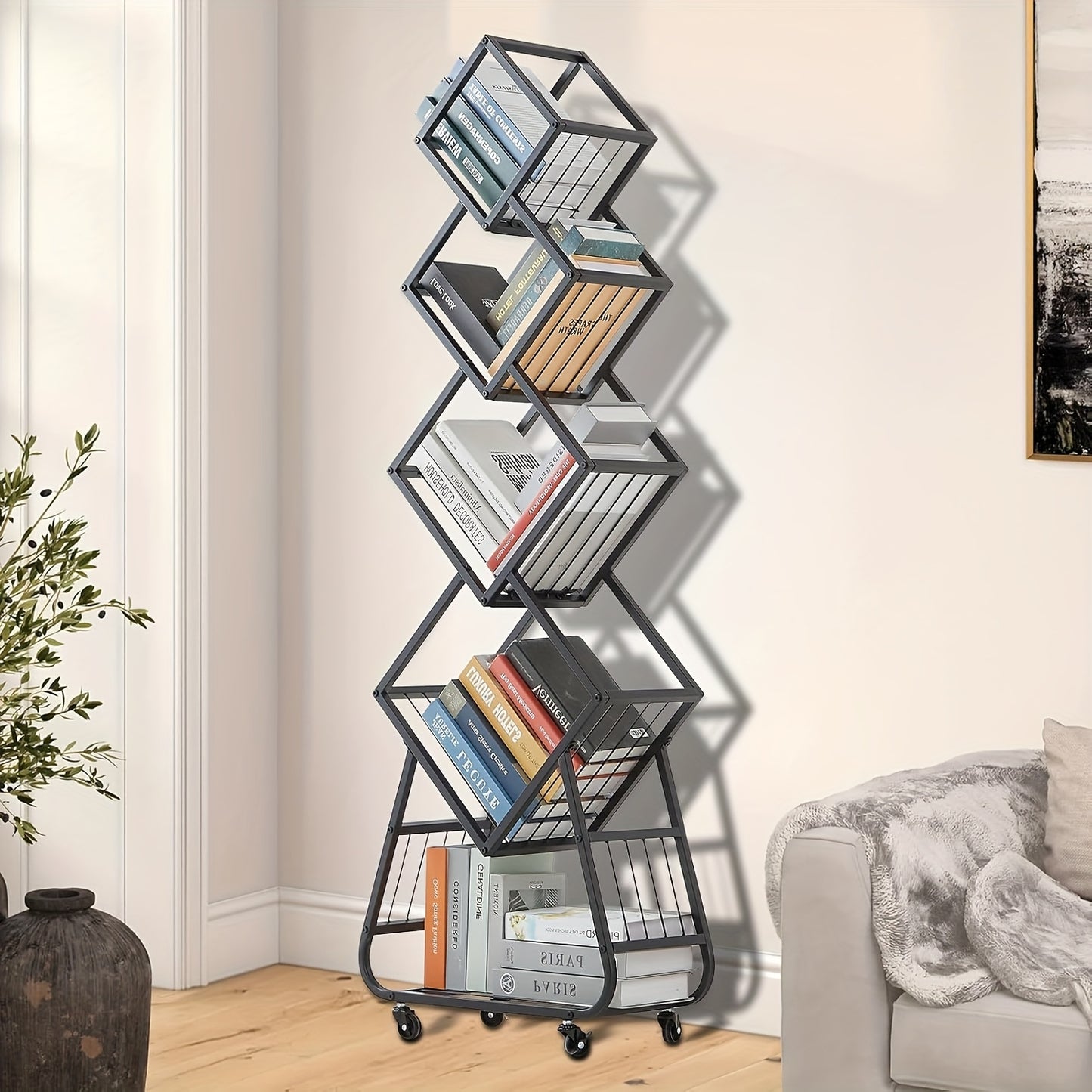 5-Tier Rotating Bookshelf with Wheels - Heavy-Duty Modern Minimalist Bookcase, 360° Swivel Shelf, Space-Saving Storage Organizer for Home Office, Living Room, Bedroom - Easy-Move Casters (Black), Bookshelf Decorations, Versa