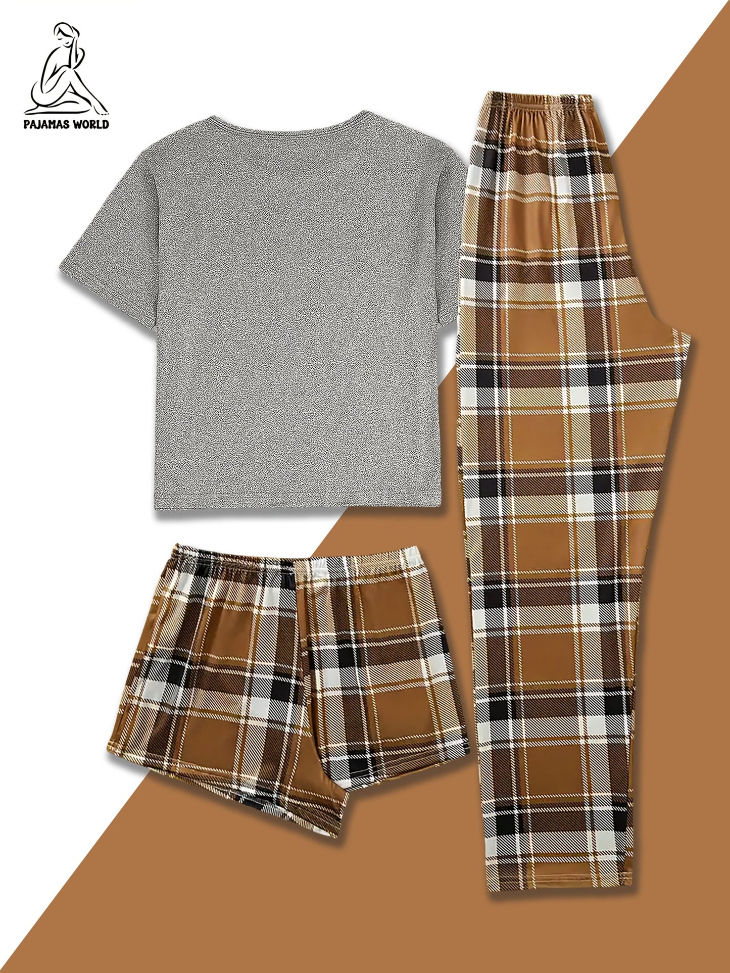 Conjunto de pijama casual para mulher com estampado de urso e xadrez - Blusa de manga curta macia e larga com cintura elástica, calças compridas e calções, roupa de dormir aconchegante para o outono/inverno