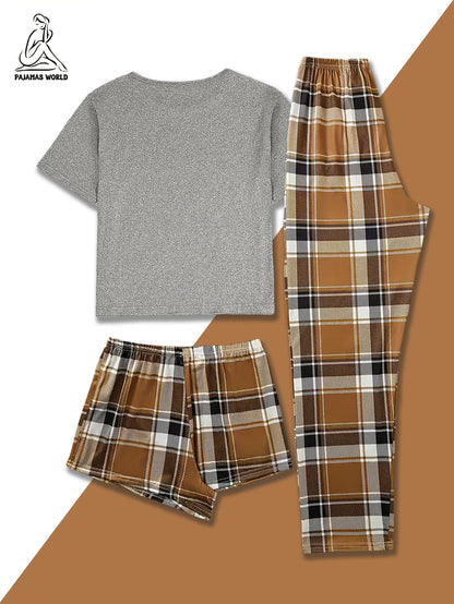 Conjunto de pijama casual para mulher com estampado de urso e xadrez - Blusa de manga curta macia e larga com cintura elástica, calças compridas e calções, roupa de dormir aconchegante para o outono/inverno