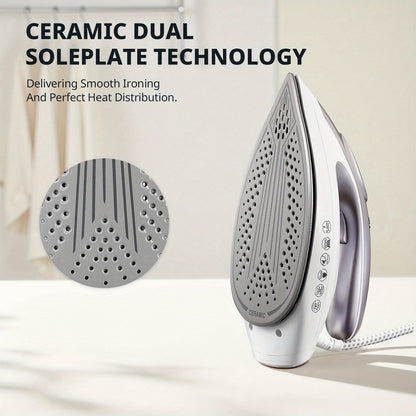 Steam Station Iron offers 5.5 bar pressure, a 1.5L water tank, a ceramic soleplate, an anti-limescale function, vertical steaming, three adjustable temperatures, cord storage, 2400W power, and comes in light purple., Steam Ir
