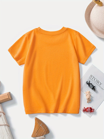 Boys' Cotton Short Sleeve T-Shirt with Cartoon Excavator Print, Breathable Summer Trend