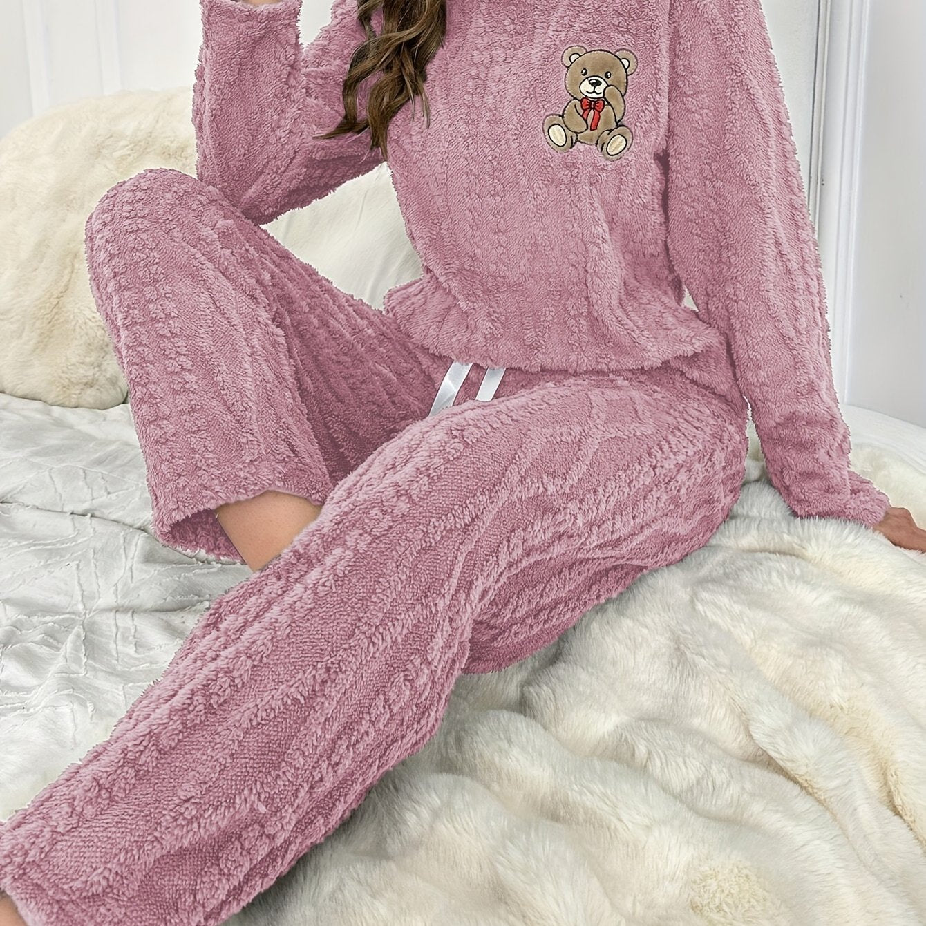 Autumn and Winter Plush Pajamas for Women - Thickened Coral Velvet Long Sleeve Top with Round Neck, Pants Set, Cute Bear Embroidery Cartoon Warm Suit, Comfortable Casual Outfit