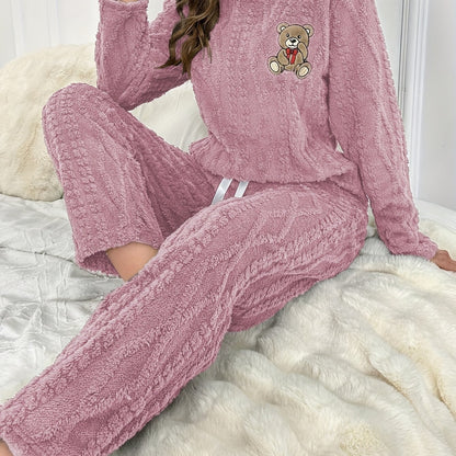 Autumn and Winter Plush Pajamas for Women - Thickened Coral Velvet Long Sleeve Top with Round Neck, Pants Set, Cute Bear Embroidery Cartoon Warm Suit, Comfortable Casual Outfit